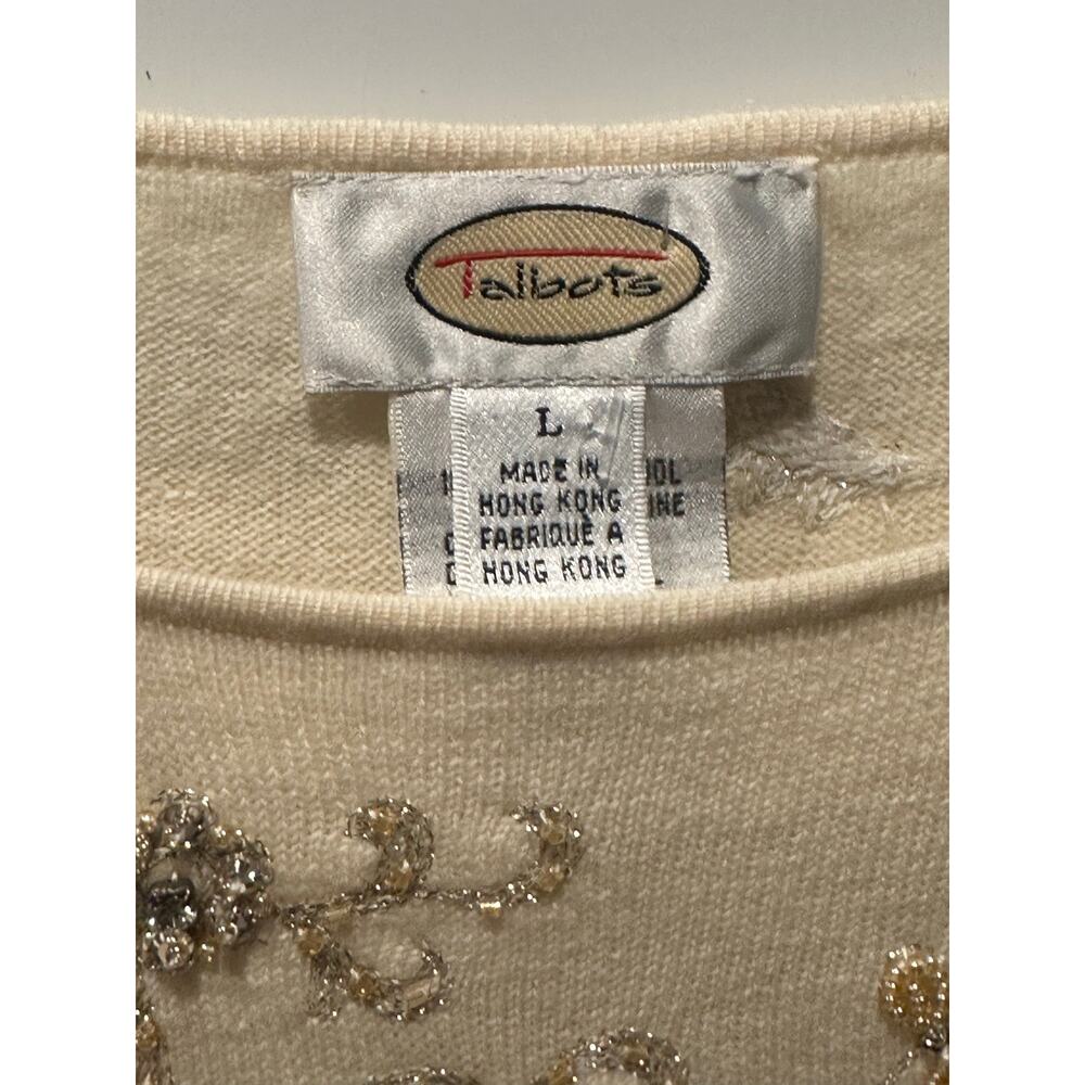 Talbots Women’s Merino Wool Silver Gold Crystal Sweater Ivory Large Pullover VTG - Picture 4 of 6